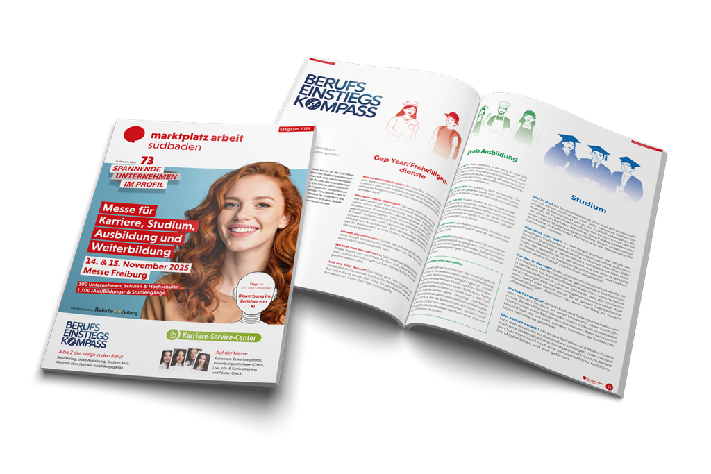 Seiten aus dem Karrieremagazin marktplatz arbeit südbaden, in dem es rund um die Themen Arbeitsmarkt, Karriere, Studium, Ausbildung und Weiterbildung in Freiburg und Südbaden geht.