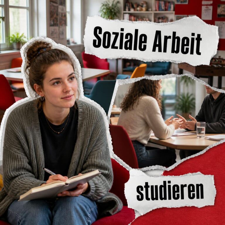 Collage zum Studium der Sozialen Arbeit mit Beratungsgespräch und Jugendarbeit