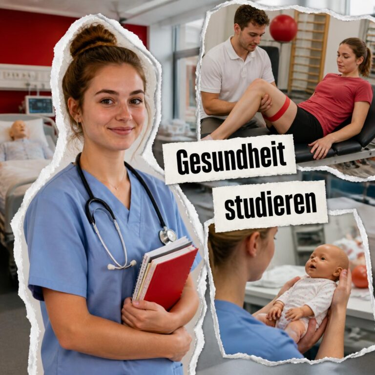 Collage zum Gesundheitsstudium mit Pflegestudentin, Hebamme und Physiotherapie