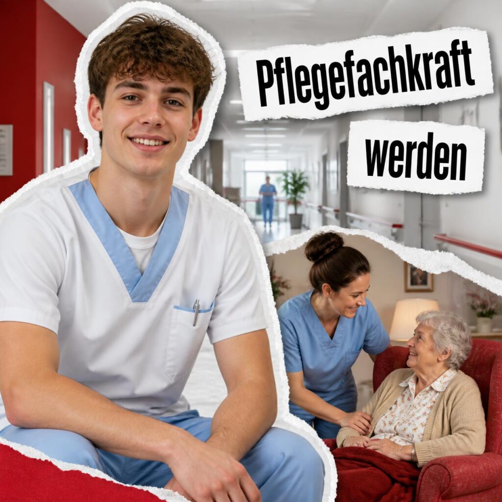 Collage zur Pflegeausbildung mit Pflegefachkraft im Krankenhaus und in der Altenpflege