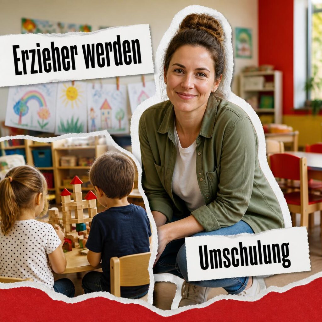 Collage zur Erzieherausbildung mit Erzieherin und Kindern in der Kita