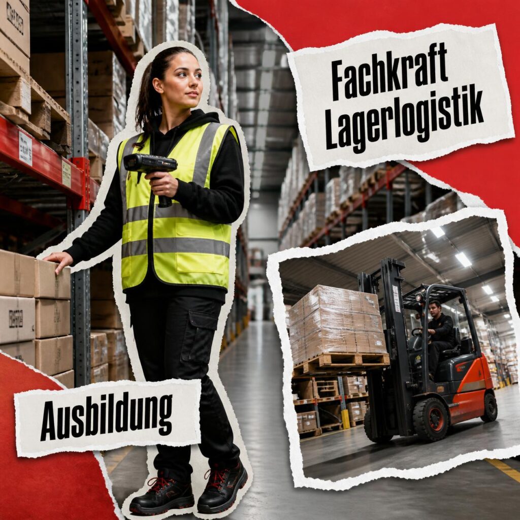 Collage zur Ausbildung Fachkraft für Lagerlogistik mit Lagerhalle, Gabelstapler und Handscanner