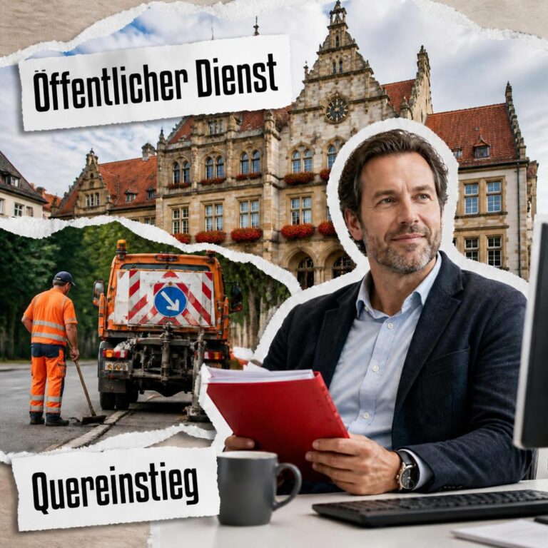 Collage zum Quereinstieg in den öffentlichen Dienst mit Verwaltung, Rathaus und Straßenbetriebsdienst