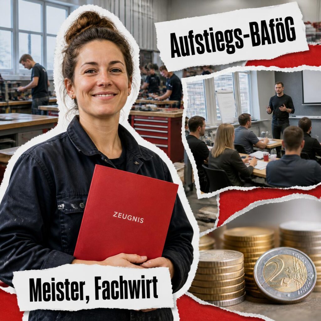 Collage zum Aufstiegs-BAföG mit Meisterin in der Werkstatt und Fortbildung im Seminarraum